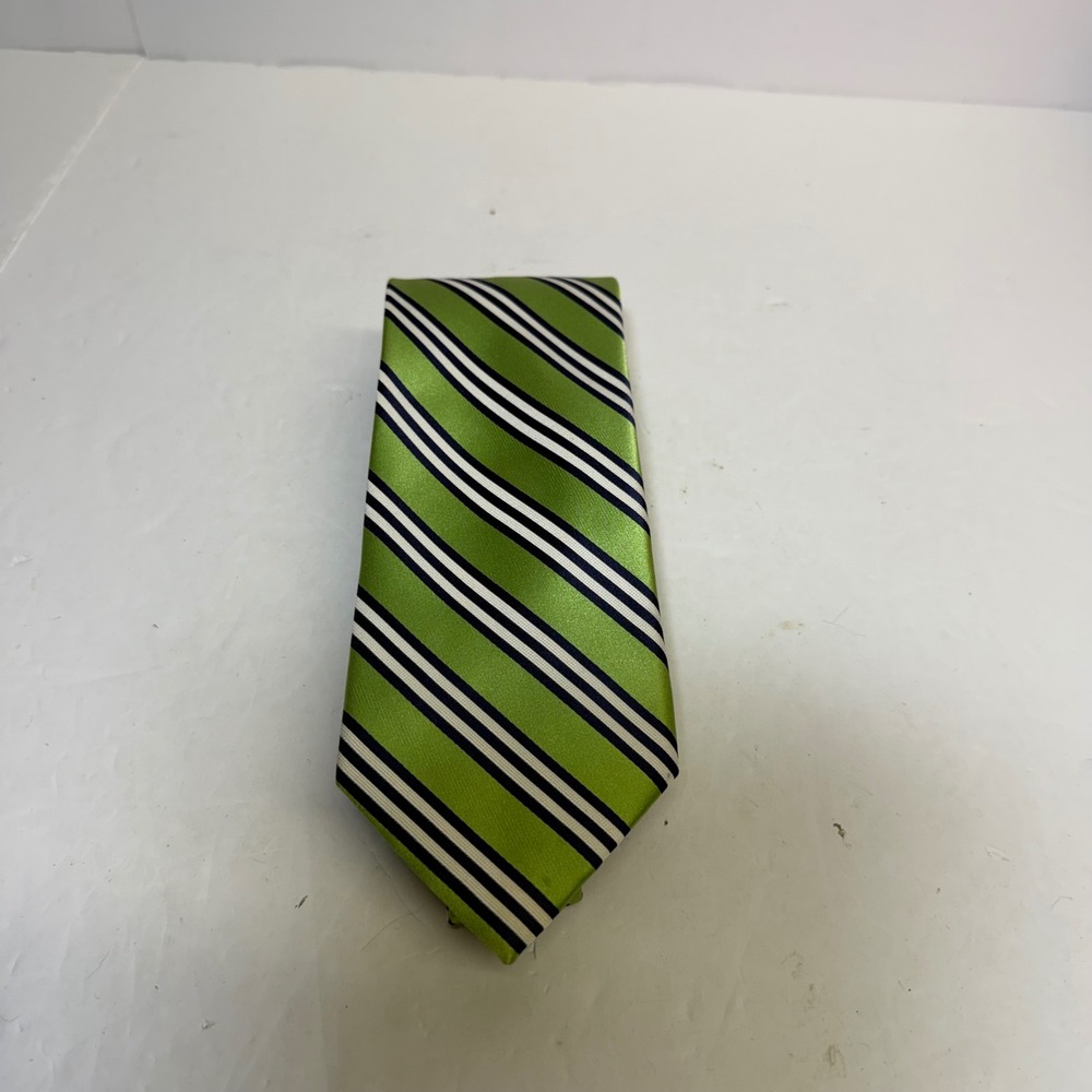 IZOD Mens Silk Necktie Green Navy Blue White Diagonal Striped Formal Tie